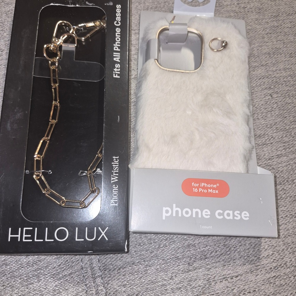 Hello Lux iPhone 16 Pro Max Case Faux Fur Cream Gold Chain Wristlet Bundle NEW